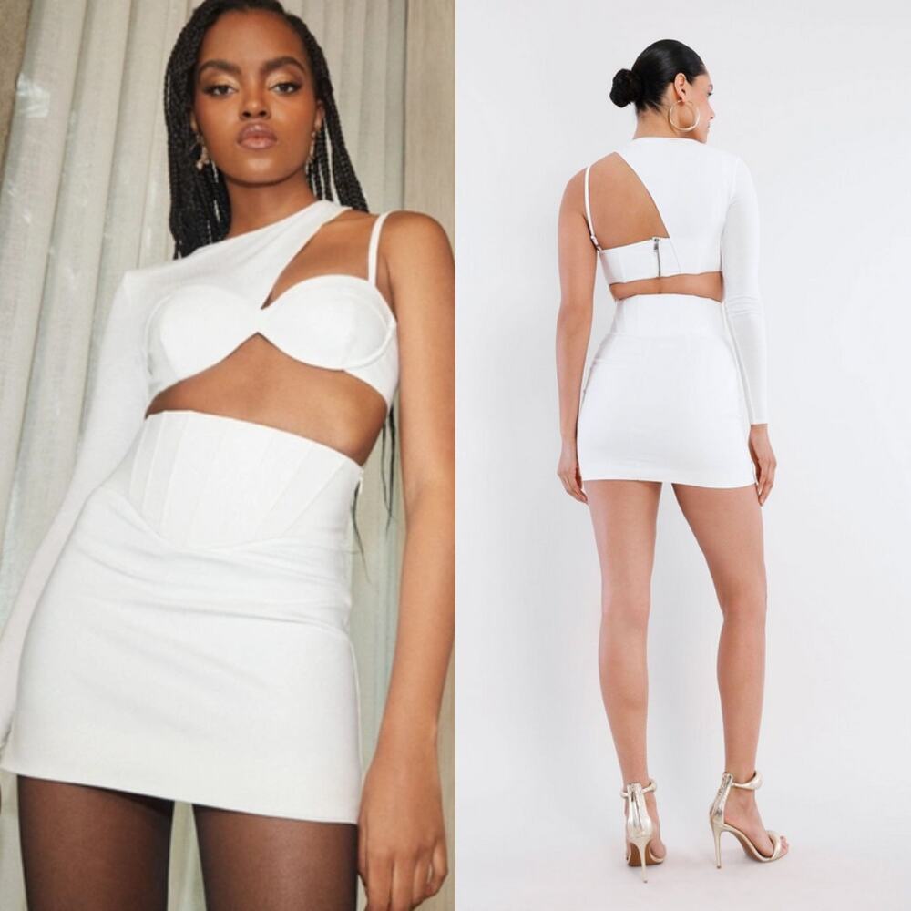 Maeve Reilly x BCBGMAXAZRIA Rialto One Sleeve‎ Bra Top In Optic White